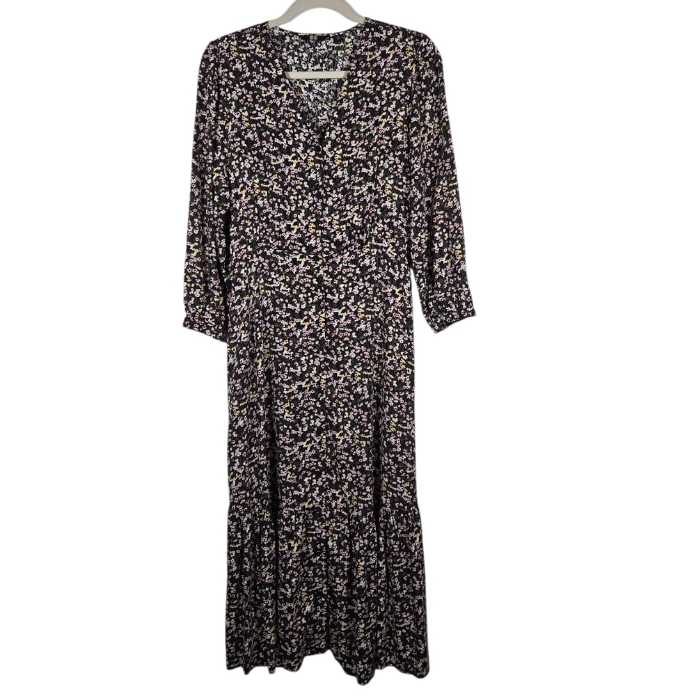 Uniqlo Ditsy Floral Print V-Neck Button Down Peplum Maxi Dress Size Medium